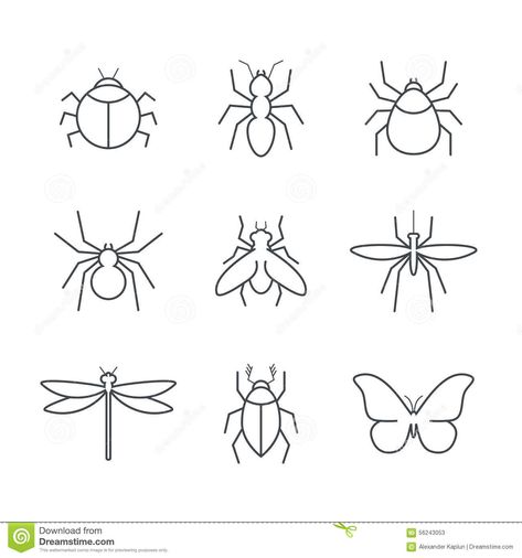 Insect Simple Vector Icon Set Stock Vector - Illustration of poisonous, midge: 56243053 How To Draw Insects, Spider Fly, Ant Tattoo, Beetle Drawing, Bugs Drawing, Easy Pictures To Draw, Simple Butterfly, Simple Pictures, Outline Drawings