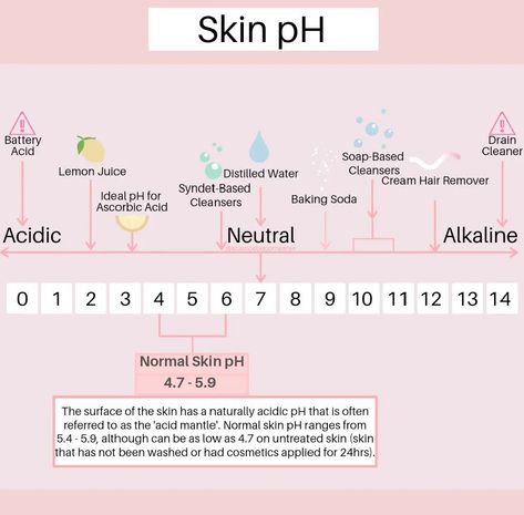 Normal skin pH is around 4.7 - 5.9 and slightly acidic. The use of skincare products that have a higher pH (and are thus more alkaline) can damage the skin's barrier and the functioning of some important pH dependent enzymes. A more alkaline skin has been linked to acne, atopic dermatitis, seborrheic dermatitis, and eczema. In addition, bad bacteria thrive when skin pH is higher. The further away a product's pH is from normal skin pH, the more you should avoid it. Lemon juice and baking soda ... Atopic Skin Care, Lemon Juice And Baking Soda, Skin Anatomy, Atopic Skin, Skin Facts, Esthetician Marketing, Face Skincare, Skin Care Business, Skin Aesthetics