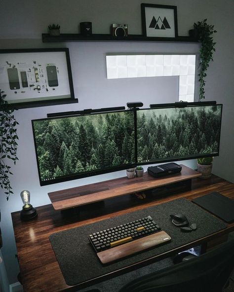 Dual Desk Setup, Work From Home Office Dual Monitors, Men’s Desk Setup, Men Pc Setup, Desk Dual Monitor Office Ideas, Shein Desk Setup, Macbook Dual Monitor Setup, Apple Monitor Setup, Dual Monitor Office Setup