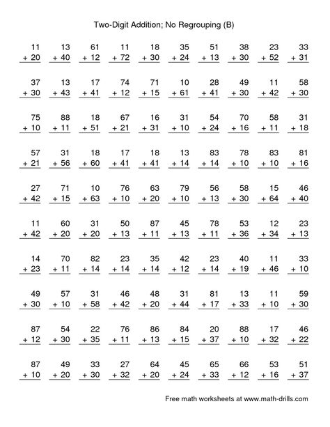 The Two-Digit Addition -- No Regrouping -- 100 Questions (B) math worksheet from the Addition Worksheets page at Math-Drills.com. Addition With Regrouping Worksheets, Math Fact Worksheets, Addition Worksheet, Math Addition Worksheets, Math Drills, Math Sheets, Mathematics Worksheets, Addition And Subtraction Worksheets, 2nd Grade Math Worksheets