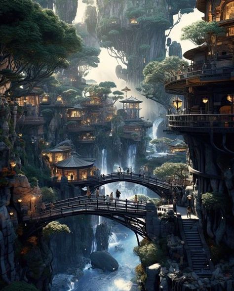 Nature City Fantasy Art, Fantasy World Landscapes Nature, Forest City Fantasy Art, Rainforest City, Fantasy Setting Inspiration, Fantasy World Inspiration, Futuristic House, Fantasy Scenery, Fantasy Locations