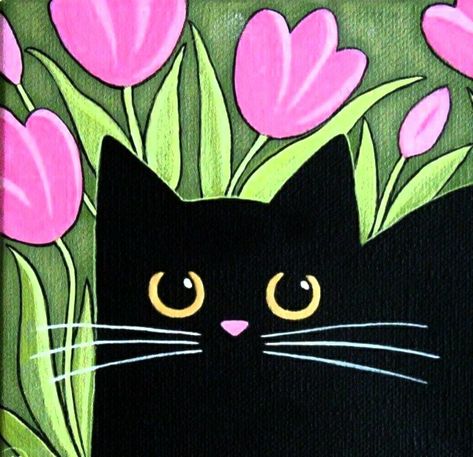 Cute Cat Painting Ideas, Whimsical Cat Painting, Simple Cat Painting Canvas, Paint Cat Easy, Small Cat Painting, Easy Black Cat Painting, Simple Cat Painting Ideas, Cats Painting Easy, Diy Cat Painting