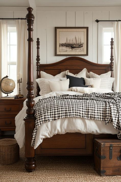 29 Antique Bedroom Ideas to Create a Classic and Sophisticated Retreat 7 Southern Living Master Bed, Bedroom Ideas With Antique Furniture, Old Money Masculine Bedroom, Modern And Antique Decor Master Bedrooms, Vintage Ralph Lauren Bedroom, Antique Bedside Table Ideas, English Country Guest Bedroom, Plaid And Floral Bedroom, Traditional Bedrooms Master