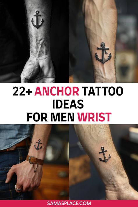 Small anchor tattoo on a man’s wrist with clean lines and minimalist design for a stylish look. Wrist Anchor Tattoo, Men’s Small Tattoos Wrist, Minimalist Tattoo Men Chest, Cool Simple Tattoos Men, Wrist Tattoo Men, Anchor Tattoo For Men, Tattoos On The Wrist, Navy Anchor Tattoos, Simple Anchor Tattoo