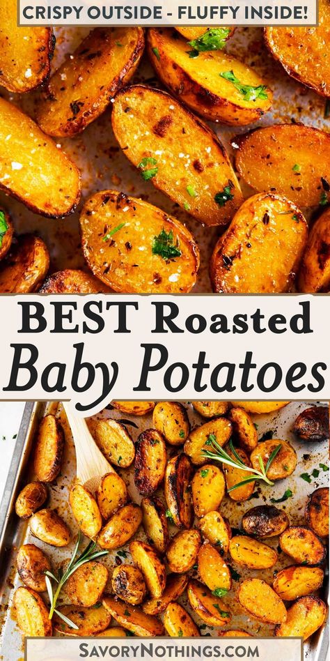 Roasted Baby Potatoes are not only delicious, but they also look so pretty! Try them as a side dish for your next big family dinner or holiday gathering – these are always a big hit with everyone! | #babypotatoes #potatoes #easyrecipes Breakfast Fingerling Potatoes, How To Cook Fingerling Potatoes In Oven, Tasteful Selections Potatoes, Roasted Potatoes In Oven Crispy, Recipes With Fingerling Potatoes, Crispy New Potatoes, Best Fingerling Potatoes Recipe, Baked Fingerling Potatoes In The Oven, Fingerlings Potatoes Recipes