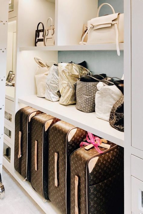 Suitcase Storage Ideas, Luggage Closet, Hall Closets, Closet Storage Ideas, Dressing Room Closet, Suitcase Storage, Dream Closet Design, Curtains Bathroom, Closet Layout