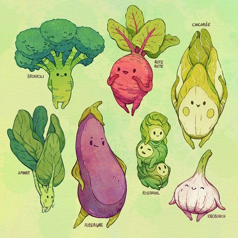 Johanna Puhl on Instagram: “Are you ready for more #vegetableart ? 🍆 let me know your favorite and which vegetable I should #draw next 😊  was fun to color those cuties…” Cute Vegetables Drawing, Vegetables Drawing, Cute Vegetables, Illustration Tumblr, Tumblr Cute, Vegetable Drawing, Vegetable Illustration, Monster Illustration, Drawing Style