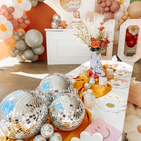 Boho Disco Birthday Party, Disco Boho Party, First Disco Birthday Party, 70s Centerpiece Ideas, Disco Baby Shower Ideas, Disco Party Centerpiece Ideas, Groovy Centerpiece Ideas, Boho Disco Party, Disco Ball Centerpiece Ideas