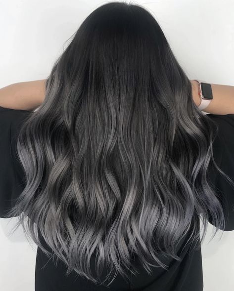 Dark Grey And Black Hair, Black Ashy Hair, Dark Gray Hair Color Ideas, Low Maintenance Balayage Black Hair, Smokey Black Hair, Charcoal Balayage, Dark Grey Hair Charcoal, Smoky Grey Hair, Black Hair Blue Highlights