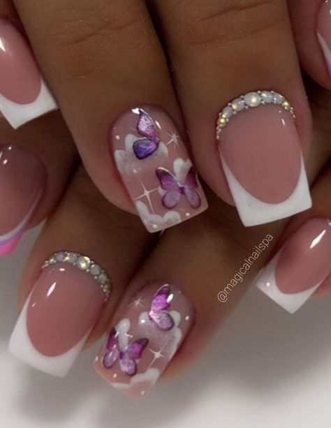 Butterfly Nail Designs, Purple Acrylic Nails, Romantic Nails, Purple Nail Designs, Butterfly Nail Art, Fancy Nails Designs, Stylish Nails Designs, Nails Design With Rhinestones, Short Square Acrylic Nails