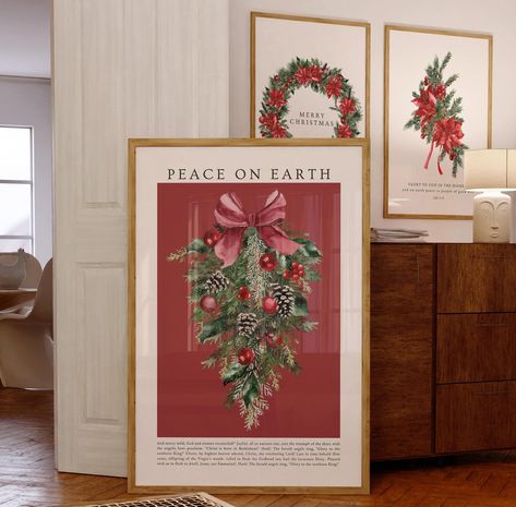 Peace On Earth Modern Christian Christmas Home Decor Winter Botanical Print Trendy Red Bow Holiday Wall Art Minimal Biblical Advent Poster Christian Christmas Wall Art, Glory To The Newborn King, Christian Christmas Decorations, Christ Is Born, Hark The Herald Angels Sing, Home Decor Winter, Wall Art Minimal, Watercolor Poster, Holiday Wall Art