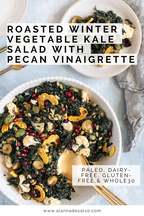 This Roasted Winter Vegetable Kale Salad with Pecan Vinaigrette is loaded with nutrient-dense veggies and makes a great Winter side dish. It's hearty, flavorful and full of texture. The pecan vinaigrette makes for a tangy dairy-free salad dressing. The salad is also gluten-free, vegan, paleo, and Whole30 friendly. Add this one to your list of holiday recipe ideas and follow @alannadesalvonutrition for more paleo recipes! Roasted Kale Salad, Easy Kale Salad, Roasted Kale, Kale Vegetable, Easy Vegetable Side Dish, Roasted Winter Vegetables, Low Carb Dairy Free, Winter Side Dishes, Vegetable Side Dish Recipes