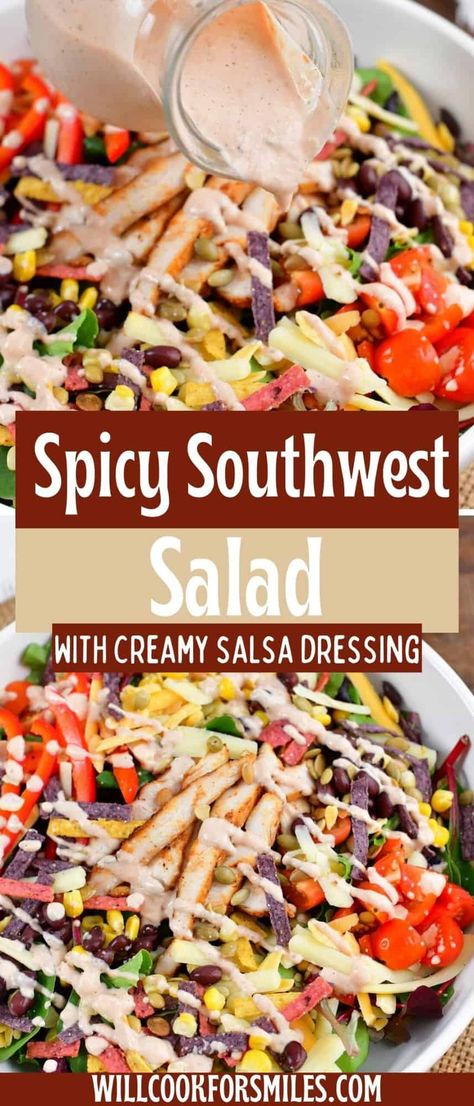 This Spicy Southwest Salad is a picture-perfect copycat of the famous Chick-Fil-A salad served with an easy creamy salsa dressing! Spicy Salsa Salad Dressing, Salsa Dressing For Salad, Chic Fil A Southwest Salad Recipe, Copycat Chick Fil A Creamy Salsa Dressing, Best Mexican Salad Recipes, Creamy Salsa Dressing Chick Fil A Recipe, Chick Fil A Creamy Salsa Dressing, Chick Fil A Salads, Spicy Southwest Salad Chick Fil A