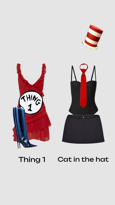 Cat in the hat and thing one costumes#halloween #hallowkn #hallo #halloweenaesthetic #halloweencostumeinspo Halloween Constumes, Diy Group Halloween Costumes, Halloween Is Cool, Cute Group Halloween Costumes, Classy Halloween Costumes, Halloween Fits, Halloween Coustumes, Thing One, Pretty Halloween Costumes