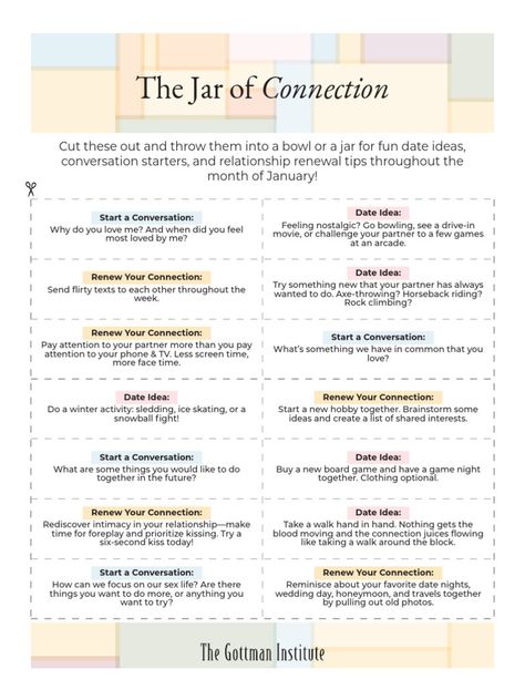 The Gottman Institute - January 2023 - Jar of Connection | PDF 8 Dates John Gottman, The Gottman Institute, Gottman Method Love Maps, Gottman Worksheets Free Printable, Bids For Connection, Gottman Worksheets, Gottman Repair Checklist, Ideas For Dates, Relationship House