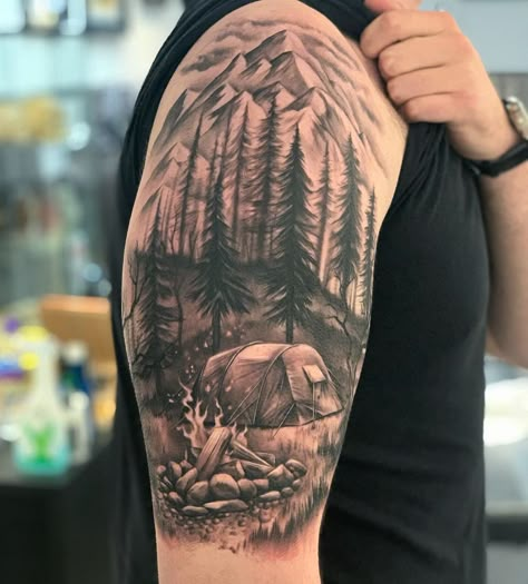 101 Amazing Nature Tattoo Ideas That Will Blow Your Mind! | Outsons | Men's Fashion Tips And Style Guide For 2020 Mens Wilderness Tattoo, Tattoos For Outdoorsman, Forest Tattoo Shoulder, Outdoorsman Tattoo For Men, Tattoo Ideas Camping, Camping Scene Tattoo, Mens Tatoos Idea, Outdoorsman Tattoo, Camp Tattoo Ideas