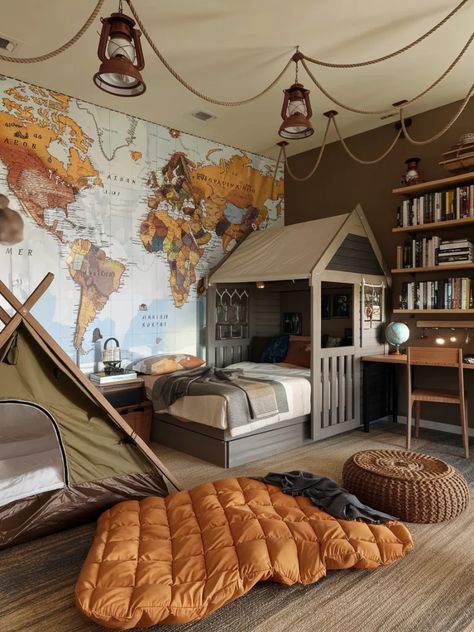 21 Teen Boy Bedroom Decor Ideas – The DIY Desire Adult Tent Bed, Vintage Camping Bedroom, Mountain Room Ideas, Kids Adventure Bedroom, Camping Kids Room, National Parks Bedroom, Outdoorsy Boys Room, Boys Canopy Bed, Nerf Bedroom Ideas