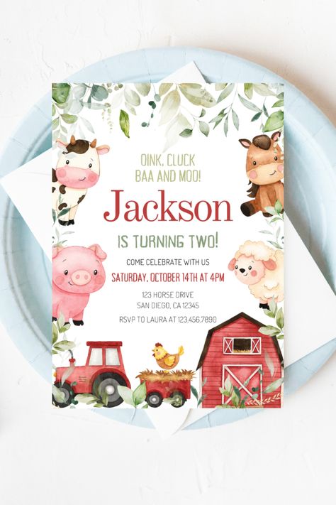 Farm 2nd Birthday, Farm Animals Invitations, Farm Party Invitations, First Year Birthday, Farm Invitation, Farm Birthday Invitation, Farm Themed Birthday Party, Girls Birthday Party Decorations