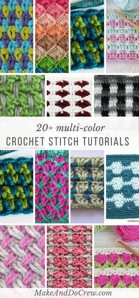 Multi-color crochet stitches list: Each of these stitch tutorials is made using multiple colors of yarn to create stunning effects! Crochet Stitches List, Crochet Stitch Patterns, Modern Haken, Confection Au Crochet, Crochet Afghans, Stitch Crochet, Crochet Diy, Modern Crochet, Crochet Stitches Tutorial