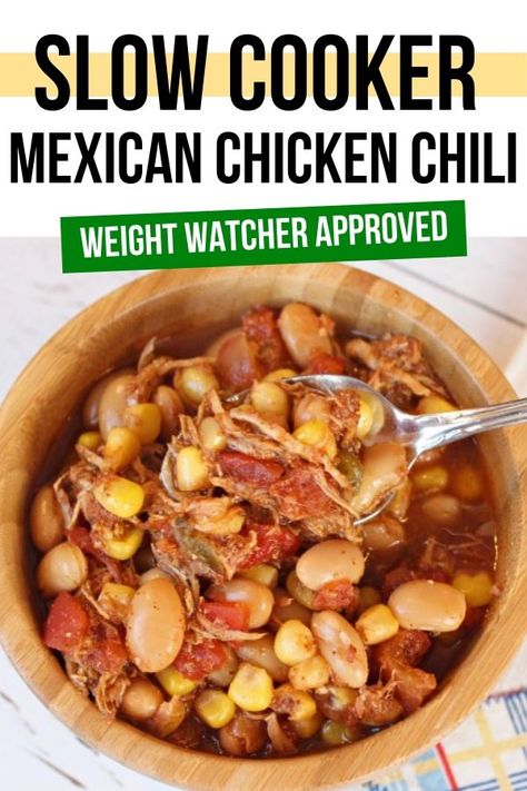 This Weight Watchers Slow Cooker Mexican Chicken Chili goes together in minutes and is hearty and filling. A great WW freestyle crock pot recipe for a dinner the whole family will love. #ww #weightwatchers #chickenrecipes #chili #slowcooker #crockpot Mexican Chicken Chili Recipe, Mexican Chicken Chili, Weight Watchers Mexican, Weight Watchers Slow Cooker, Meals Mexican, Weight Watchers Crock Pot Recipes, Slow Cooker Mexican Chicken, Slow Cooker Mexican, Weight Watchers Dinner