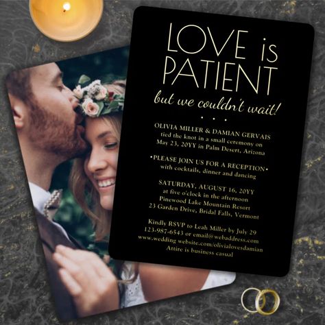 DIY Color Love is Patient Wedding Reception Photo Foil Invitation Black Vow Renewal Ideas, We Do Again Invitations, Vowel Renewal Wedding, Wedding Vow Renewal Themes, Fall Wedding Vow Renewal, Renewing Vows Invitations, Christmas Vowel Renewal, Black Wedding Vow Renewal, Destination Vow Renewal Invitations