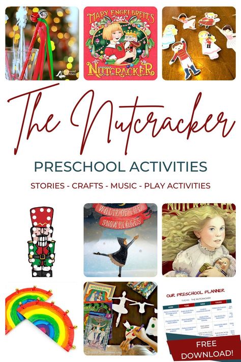 A week of nutcracker preschool activities, including music, movement, stories, crafts, and play-based activities. Free printable supply list. Nutcracker Kindergarten Activities, Nutcracker Activities, Preschool Movement Activities, Preschool Planner, Toddler Fine Motor Activities, Nutcracker Crafts, Winter Photo Ideas, Educational Activities For Toddlers, Educational Toddler Activities