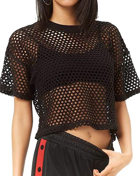 CLOZOZ Women's Mesh Net See Through Fishnet T-Shirt Crop Top (Small, Black) at Amazon Women’s Clothing store 1990 Style, Fishnet Crop Tops, Look Grunge, Fishnet Top, Mesh Tops, T Shirt Crop Top, Mesh T Shirt, Mesh Shirt, Cropped Tops