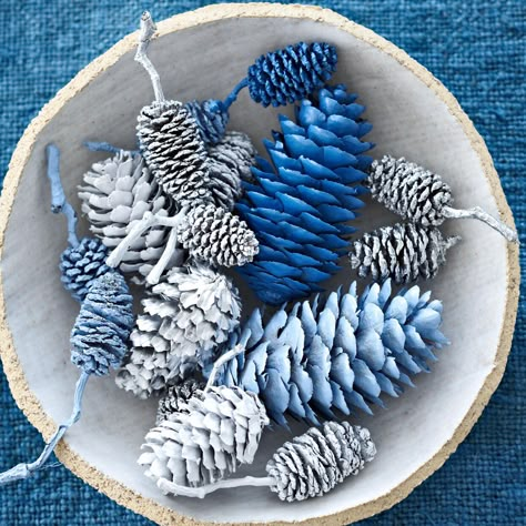 white-blue-painted-pinecones-00f3845a Silver And Blue Christmas Tree, Plant Stands Diy, Silver And Blue Christmas, Diy Plant Stands, Blue And White Christmas, Simple Holiday Decor, Painted Pinecones, Fall And Christmas, Silver Christmas Decorations