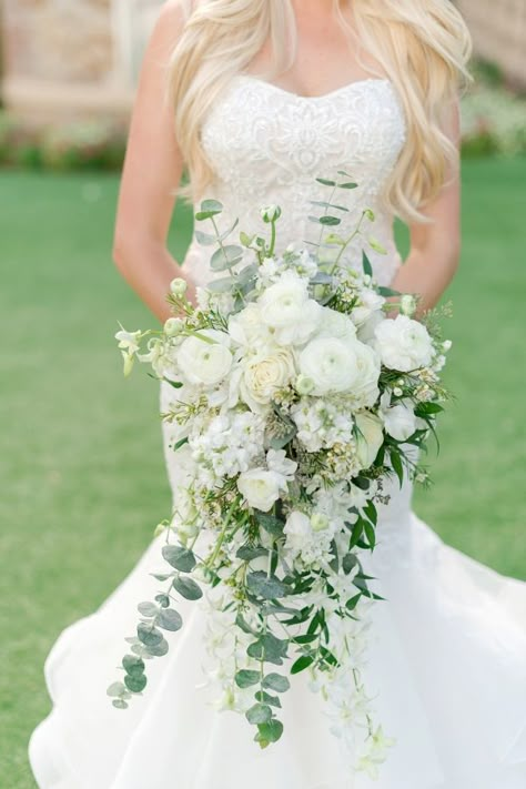 White Wedding Bouquets White Bridal Bouquet With Greenery Cascading, 2023 Bride Bouquet, Cathedral Bouquet Bridal, Orchard Wedding Bouquet, Cascading White Wedding Bouquets, White And Green Cascading Bridal Bouquet, Wisteria Bouquet Wedding, Bridal Bouquet White With Greenery, Wedding Bouquets Cascade