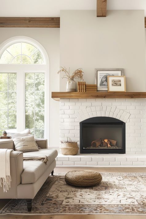 15 Captivating White Brick Fireplace Ideas to Transform Your Home – Everyday Inspo Fireplace On White Wall, Cottage Core Fireplace Ideas, White Brick Fireplace Green Walls, White Brick Gas Fireplace, Gas Fireplace Modern Farmhouse, French Brick Fireplace, Indoor Rock Fireplace, Beige Fireplace Brick, Mantle Inspiration Living Rooms