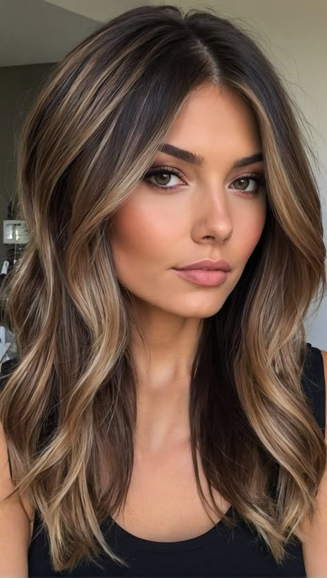 Medium Brown Hair With Balayage Blonde, Brunette With Champagne Highlights, Mocha Bronde Balayage On Brown Hair, Celebrity Layered Hairstyles, Summer Hair 2024 Bronde, Balayage For Long Dark Brown Hair, Fall 2024 Womens Hair, Cool Blonde Babylights On Brown Hair, Summer Hair Brunette Balayage