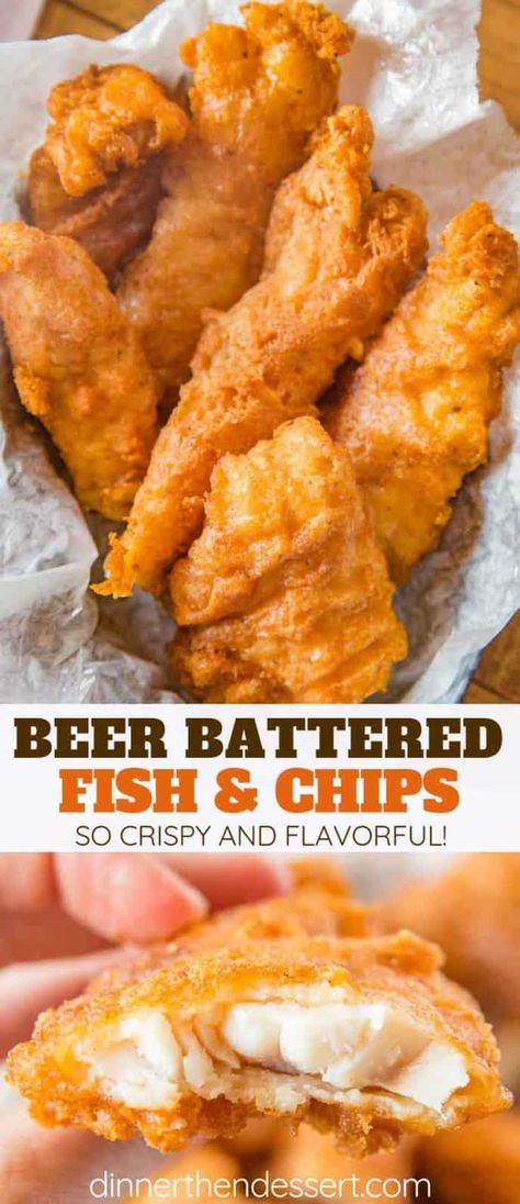 Beer Battered Fish made with fresh cod filets dipped in seasoned beer batter and fried until golden brown and crispy, EASY to make and ready in only a few minutes! #fish #fishandchips #friedfoods #fry #cod #crispy #dinner #cooking #dinnerthendessert Beer Battered Fish And Chips, Battered Fish And Chips, Cod Filets, Beer Battered Fish Recipes, Fish Batter Recipe, Fried Cod, Fish Recipes Baked, Beer Battered Fish, Beer Battered