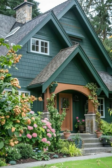 Forest Green House Exterior, Green Home Exterior, Green House Paint, Cabin Colors, Green Exterior House Colors, Green House Exterior, Bush House, Fairytale Houses, Color Paints