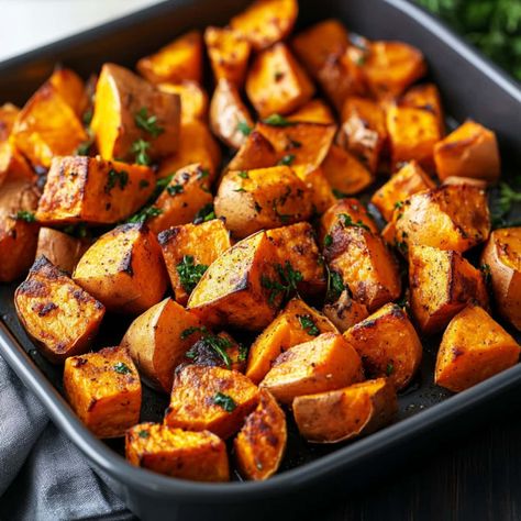 Roasted sweet potatoes tossed in a flavorful blend of spices and herbs and baked to crispy perfection are a simple side dish sure to please everyone! Pan Roasted Sweet Potatoes, Pan Fried Sweet Potatoes, Sweet Potato Oven, Sweet Potato Recipes Roasted, Oven Roasted Sweet Potatoes, Vegetable Side Dish Recipes, Freeze Sweet Potatoes, Potatoes In Oven, Roasted Potato