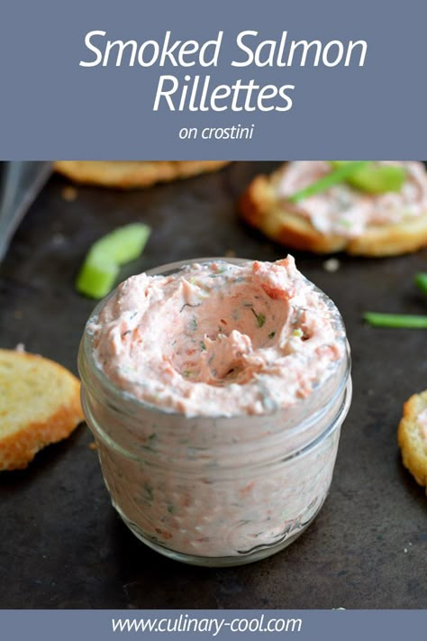 Smoked Salmon Rillettes, Smoked Salmon Rillettes Recipe, Salmon Rillettes Recipe, Candied Salmon Appetizer, Salmon Hors D’oeuvres, Smoked Salmon Charcuterie Board, French Fish Recipes, Smoked Salmon Crostini, Rillettes Recipe