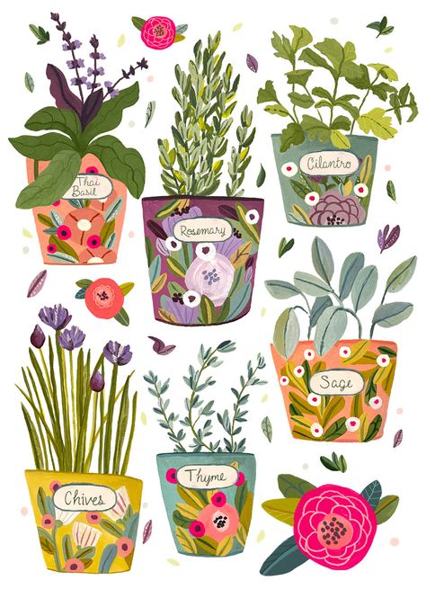 Pots Illustration, Potted Plant Illustration, Potted Herbs, Garden Illustration, Plant Illustration, Floral Illustrations, Illustration Inspiration, Whimsical Art, Illustration Print