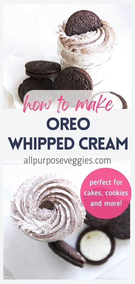 This super fun and easy Oreo Whipped Cream is a party favorite, and actually a time machine in disguise :) Featuring a creamy blend of crushed Oreos, heavy cream, and a touch of vanilla, it's a decadent topping that will bring back all the sweet nostalgia of childhood treats. Just perfect for frosting your desserts, from cakes to cupcakes to give that delicious cookie and cream flavor #whippedcream #chantillycream #frosting #oreo #oreofrosting #cookiesandcream Whipped Cream Icing For Cupcakes, Cookies With Whipped Cream, Oreo Frosting Recipe Easy, Cupcake Whipped Cream Frosting, Oreo Frosting Whipped, Whipped Cream Cupcake Frosting, Cookies And Cream Whipped Cream, Cookies And Cream Whipped Frosting, Oreo Cream Frosting