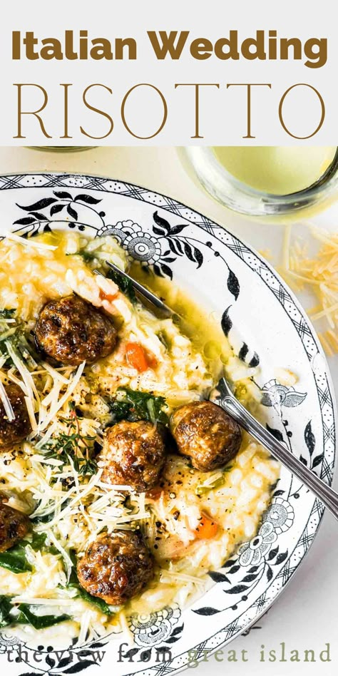 Italian Wedding Risotto Food And Wine, Risotto With Meatballs, Italian Wedding Soup Risotto, Risotto And Meatballs, Meatballs And Risotto, Fancy Risotto Recipes, Ground Beef Risotto Recipes, Risotto Appetizers, Risotto Meatballs