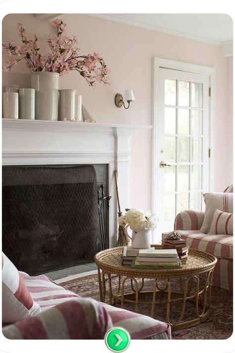 Light pink cottage-style living room with pastel tones and natural light. Pink paint creates a soft, romantic atmosphere that is cozy and perfect for relaxation. Pink Wash Walls, Soft Pink Wall Paint, Light Pink Room Color, Pink Accent Wall Living Room, Light Pink Wall Paint, Light Pink Living Room, Pale Pink Walls, Pink Living Room Walls, Light Pink Rooms