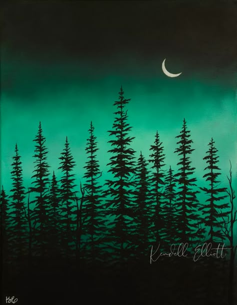 Enchanted Forest | Print Shop Forest Scene Painting, Dark Green Painting Ideas, Forest Silhouette Painting, Midnight Painting Easy, Forest Trees Painting, Enchanted Forest Painting Easy, Simple Forest Painting, Green Sky Painting, Easy Forest Painting