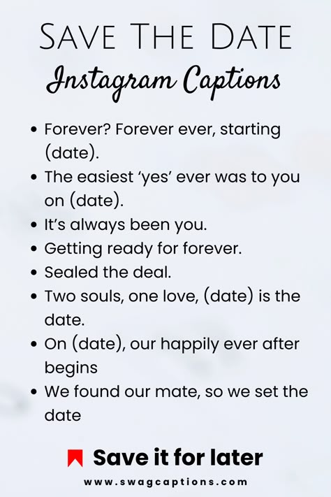 Planning your big day? Find the perfect 'Save The Date' Instagram captions to announce your wedding in style! From sweet and sentimental to funny and quirky, these captions will make your announcement unforgettable. Pre Wedding Quotes Funny, Wedding Date Quotes Couple, Save The Date Quotes Wedding, Save The Date Instagram Post, Wedding Announcement Captions, Save The Date Captions Instagram, Dating Captions, Save The Date Captions, Pre Wedding Captions For Instagram