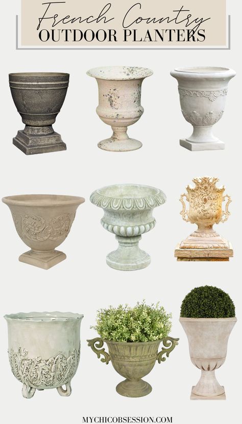 Your Guide to French Country Planters: Where To Place Them, What Plants To Use, and More! - MY CHIC OBSESSION French Country Indoor Plants, French Garden Inspired Backyard, French Country Covered Patio, French Country Pots, French Provence Garden, French Country Flower Pots, French Flower Pots, French Country Patio Furniture, French Country Pottery