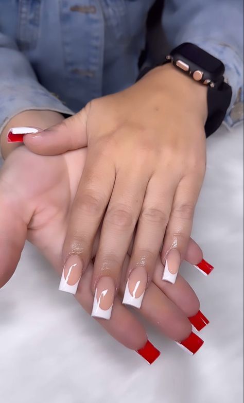 By @nailzbyauzaraia White French Tip Nails With Red Bottoms, White French Tip With Red Bottoms, White French Tip Red Bottom Nails, Short Red Bottom Acrylic Nails, White French Tip Nails With Red Design, Red Bottom French Tip Nails, White Red Bottom Nails, Red And White French Tip Nails, Christmas Baddie Nails