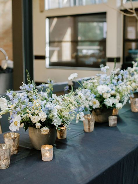 White scabiosa, white spray rose, feverfew chamomile, bachelor's button, white delphinium, lysimachia, white cosmos, queen anne's lace, white lisianthus, blue delphinium - wildflower centerpiece Scabiosa White, Vase With White Flowers, White Scabiosa, White Spray Rose, White Delphinium, Wildflower Centerpieces, White Cosmos, White Lisianthus, Teal Vase