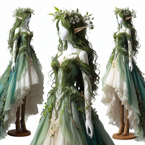 Royal Fairy Dress, Mythical Dresses Fantasy Fairytale, Forest Dress Drawing, Elves Halloween Costume, Fairytale Green Wedding Dress, High Fae Costume, Fae Ballgown, Summer Fairy Outfits, Fantasy Dress Design Art