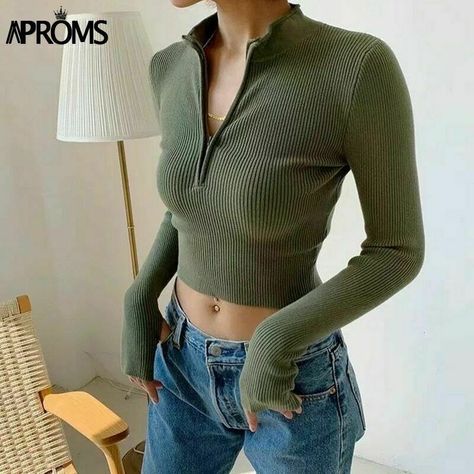 Cropped Pullover, Zippered Sweater, Ribbed Knit Sweater, Knitting Women Sweater, Looks Chic, Solid Clothes, Sweater Women, Knitted Pullover Sweaters, Outfits Casuales