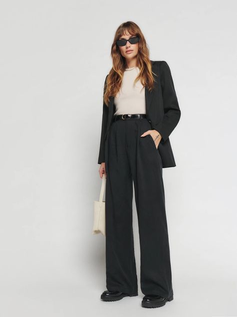 This look from Reformation is a whole vibe and I’m here for it! You can pretty much pair these trousers with anything. Dress them up with a blazer or down with an oversized sweatshirt and sneakers 👟 Workwear Day to Night Women’s fall fashion Fall outfit idea Minimalist wardrobe Blazer Black slacks Tailored pants Follow my shop @saltandsable on the @shop.LTK app to shop this post and get my exclusive app-only content! #liketkit #LTKworkwear #LTKstyletip @shop.ltk https://liketk.it/ Workwear 2023, Academia Summer Outfit, Mason Pant, Miranda Hobbes, Loafers Outfit, Black Wide Leg Trousers, Wardrobe Planning, Women Office, Black Trousers