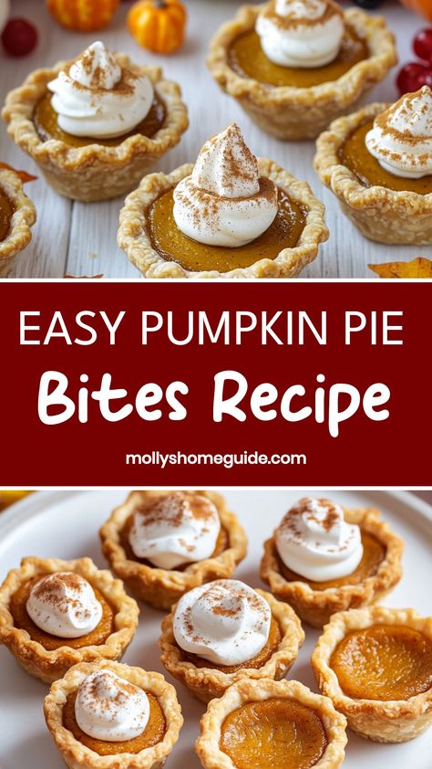 Indulge in the delicious flavors of fall with these irresistible pumpkin pie bites. These mini treats are the perfect combination of creamy pumpkin filling and buttery, flaky crust. Whether you're looking for a sweet snack or a festive dessert, these petite pumpkin pies are sure to satisfy your cravings. Easy to make and even easier to enjoy, they're a must-have for any autumn gathering or cozy night in. Pumpkin Pie Cups Recipe, Tiny Pumpkin Pies, Pumpkin Pies Mini, Pumpkin Pie Bites With Crescent Rolls, Mini Pumpkin Pie Recipe Easy, Pumpkin Tassies Recipe, Pumpkin Pie Recipe Mini, How To Make Mini Pumpkin Pies, Pumpkin Cheesecake Hand Pies