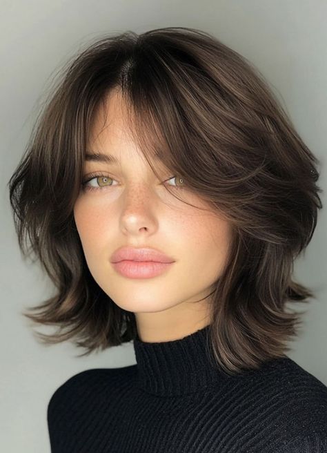 38. Tousled Brunette Bob with Curtain Bangs This tousled brunette bob with curtain bangs is the perfect mix of modern and effortless style. The chin-length cut is softly layered, creating a voluminous, airy texture that adds movement and dimension to the hair. Chin Length Layered Bob With Curtain Bangs, Short Shag Bob With Curtain Bangs, All Around Layers Short Hair, Short Layers Curtain Bangs Short Hair, Short Hair With Layers Curtain Bangs, Long Bob Haircuts Curtain Bangs, Layered Bob Haircut With Curtain Bangs, Voluminous Layered Hair With Curtain Bangs, Bob With Side Curtain Bangs