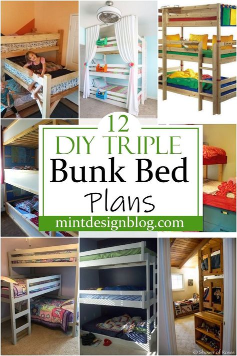 How To Build A Triple Bunk Bed, Three Bunk Beds Small Spaces, Triple Bunk Bedroom Ideas, 3 High Built In Bunk Beds, Three Beds In One Room Small Spaces, Diy Bunk Bed With Trundle, Triplet Bunk Beds, Three Loft Beds In One Room, 3 Loft Beds In One Room